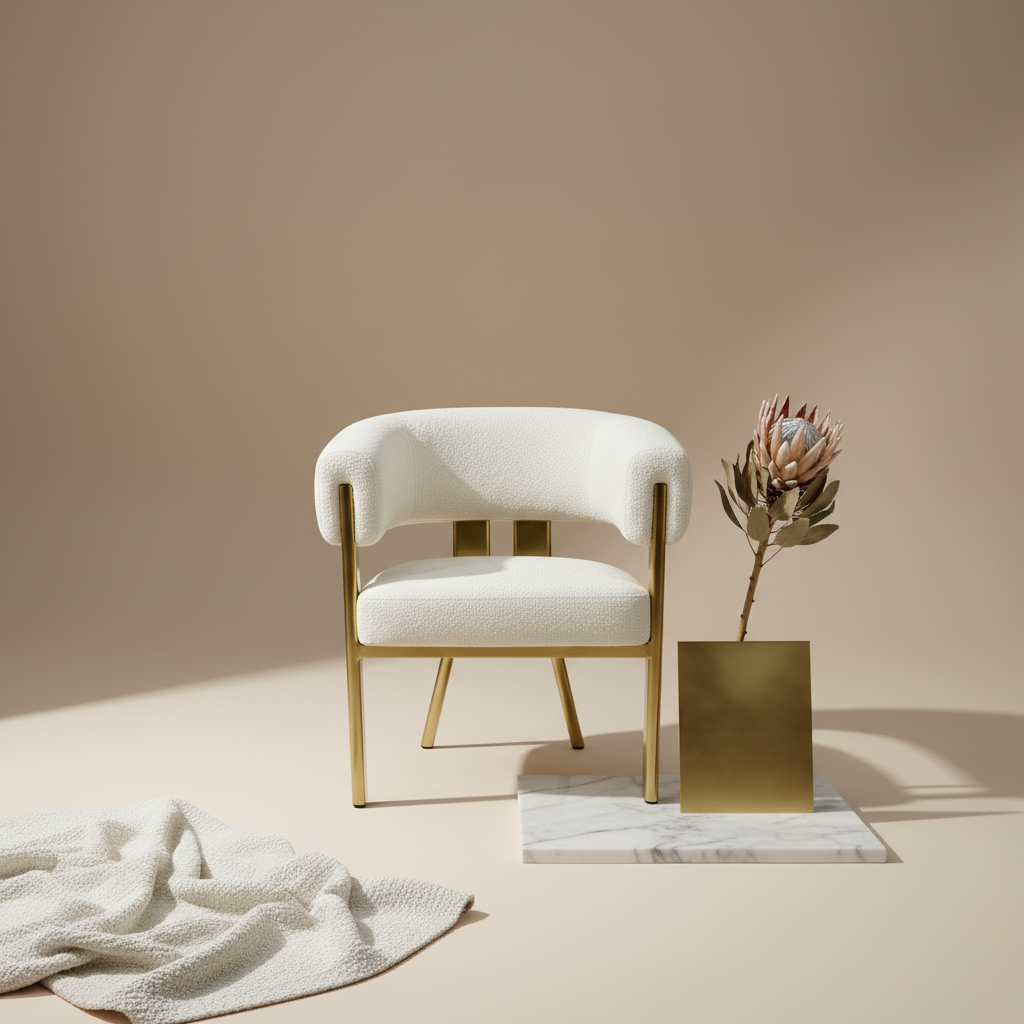 Aria Curved Barrel Accent Chair in White Bouclé with Gold Legs